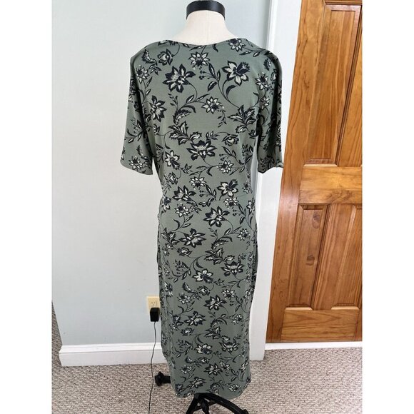 Garnet Hill Easy Wrap Knit Dress Green Floral SZ LG Autumn Stretch - Picture 3 of 10
